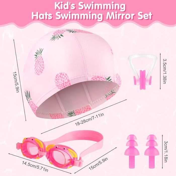 4Pcs Bonnets de Bain pour Enfants Kit - AQSACOKIYA - Garçons et Filles de 5 à 12 ans - Lunettes de natation pour Enfants Kit - Rose