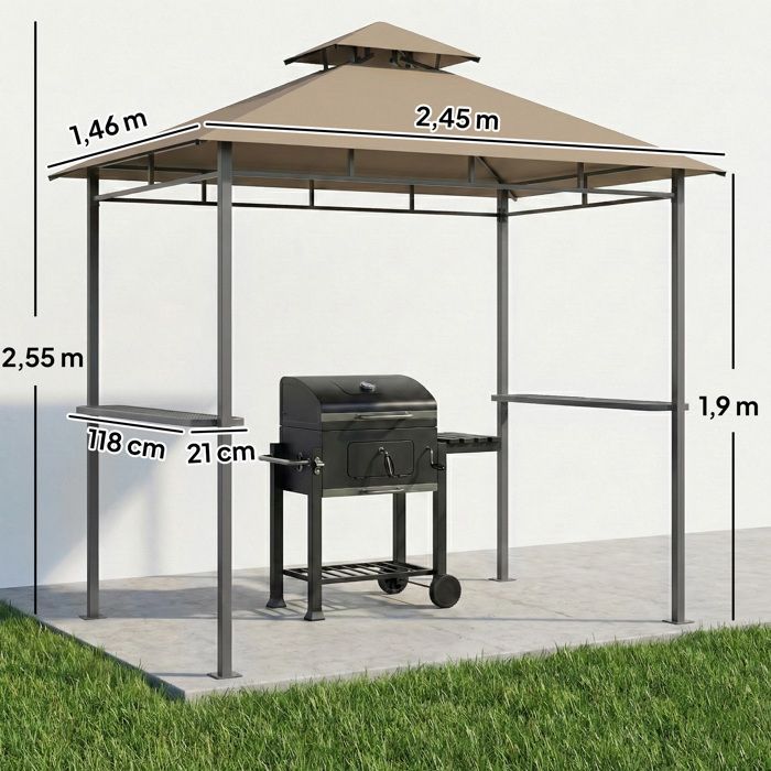 Gazebo da esterno per barbecue - Outsunny - Doppio tetto, 2 ripiani laterali - Struttura in metallo - 245x146x255 cm - Marrone