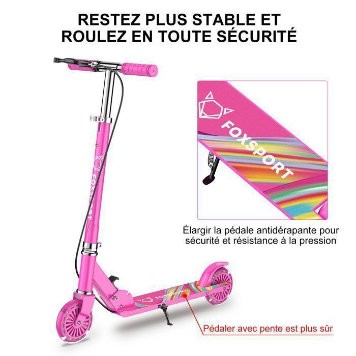 Patinete infantil FOXSPORT - Plegable - 2 ruedas con luces intermitentes - Manillar ajustable en 3 niveles - Freno de mano - Capacidad de carga de 100 kg - Rojo