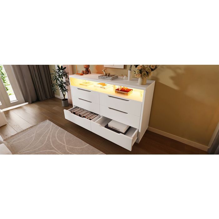 EVRYAE Sideboard mit 6 Schubladen und LED-Beleuchtung, 120 x 40 x 85 cm, Weiß