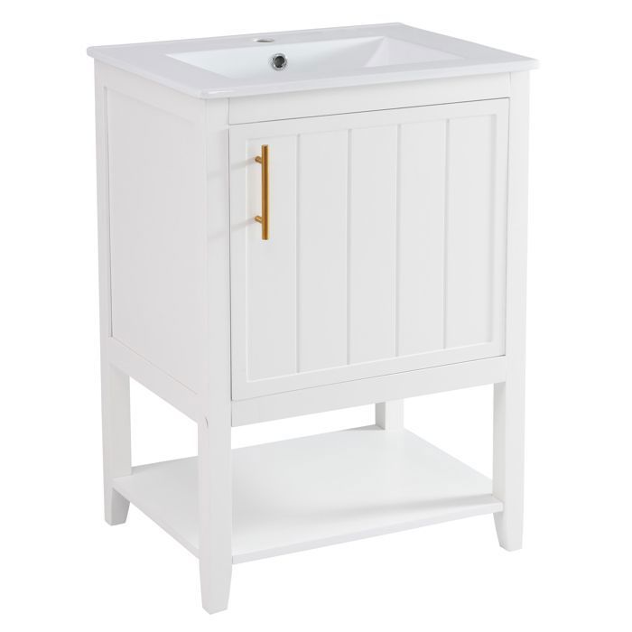 Mueble de baño con lavabo individual, armario bajo lavabo de cerámica de 60 cm con estante, color blanco.