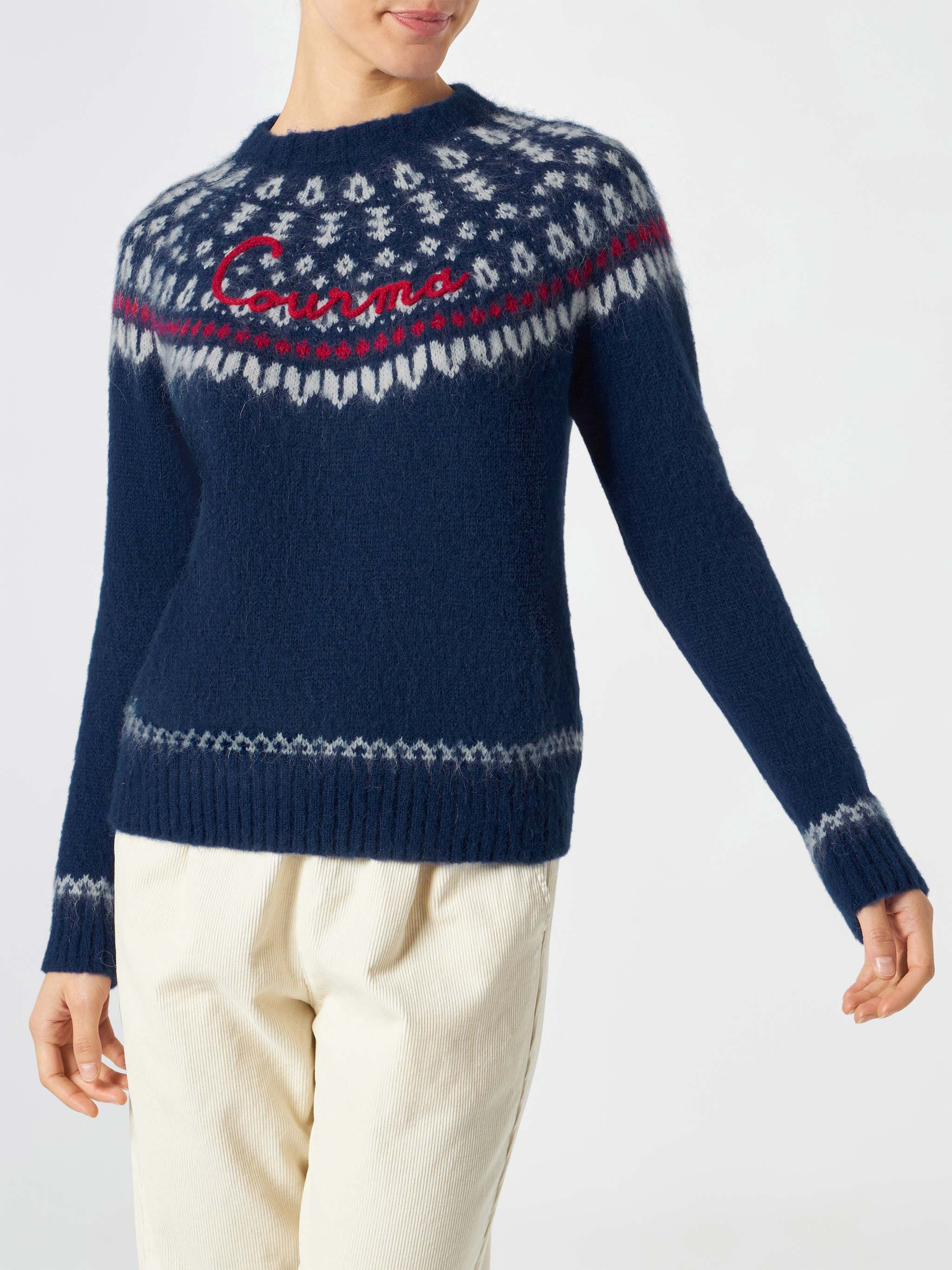 Pull à col roulé bleu marine pour femme en jacquard nordique