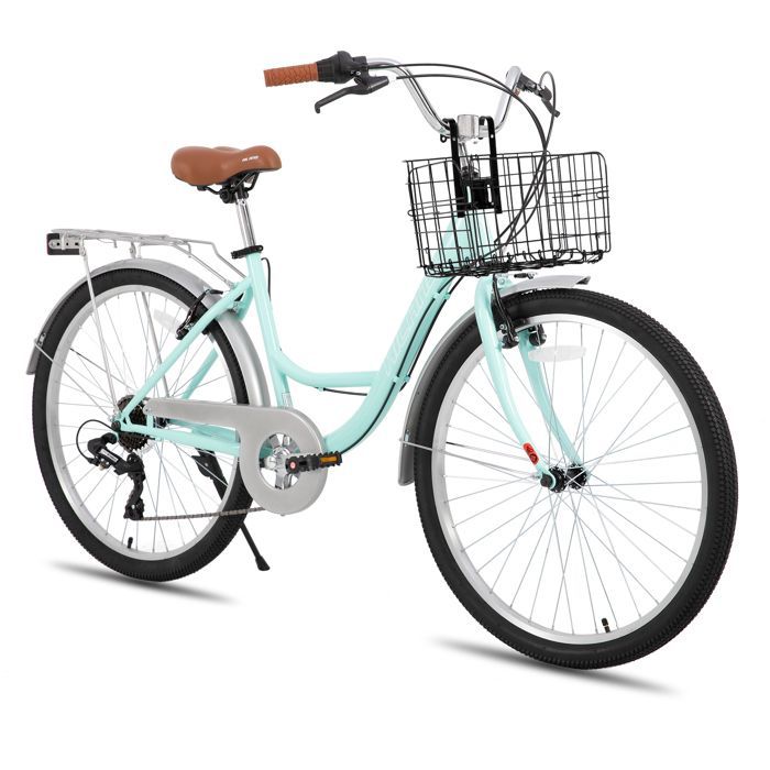 HILAND 26 pouces Vélo de Ville pour Femmes - 7 Vitesses, Freins Double Sécurité, Cadre Bas, Garde-Boue et Porte-Bagages, Vert