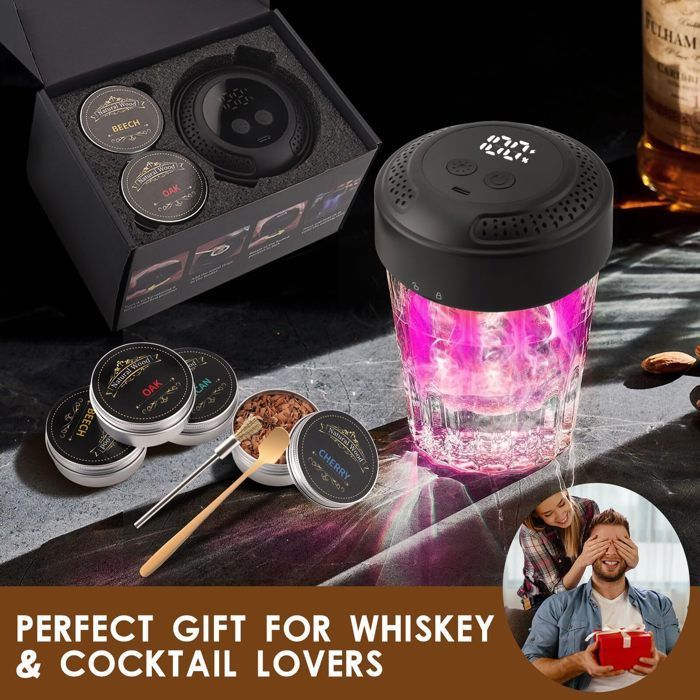Kit ahumador eléctrico de whisky de estilo vintage, recargable por USB-C, con 6 fichas de madera, pantalla digital e iluminación ambiental.