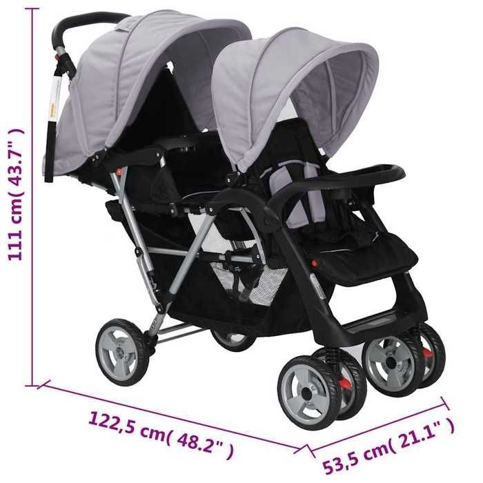 Cochecito doble VIDAXL en acero gris y negro con capotas plegables y cesta grande.