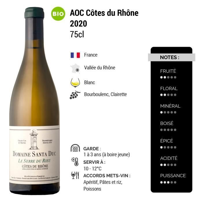 Côtes du Rhône La Serre du Rieu Blanc 2020 - Bio - Lot de 3x75cl - Domaine de Santa Duc - Vin AOC Blanc de la Vallée du Rhône