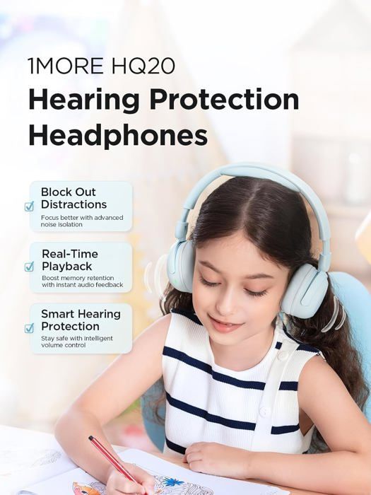 Fones de ouvido sem fio 1MORE para crianças, fones de ouvido para estudo com proteção auditiva, volume seguro de 75/85/90dB, 65 horas de duração da bateria, Bluetooth 5.3
