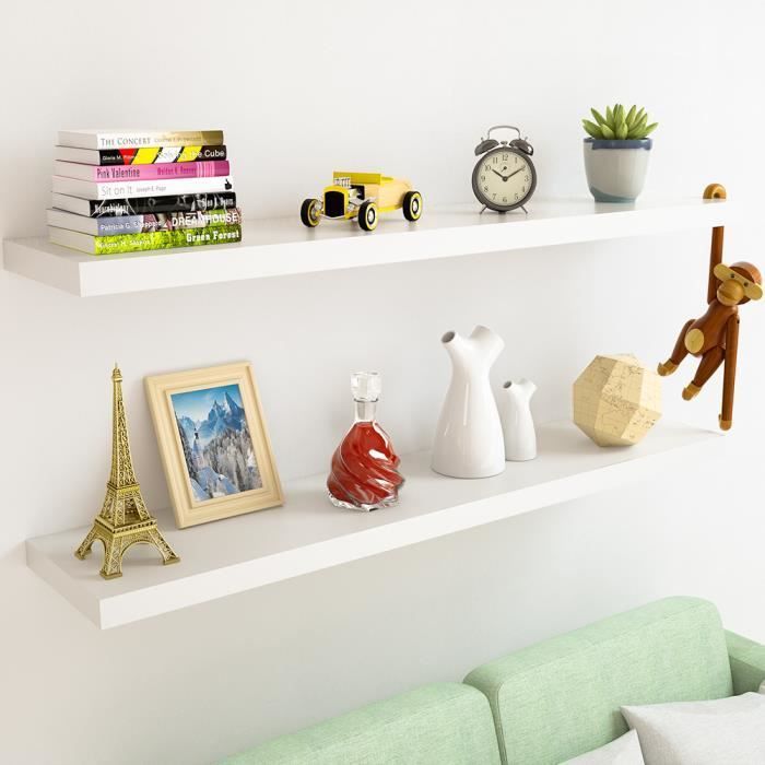 CASARIA 2x Floating Wall Shelves 90 cm White Sturdy MDF Floating Effect Wooden Shelf Storage Decoration