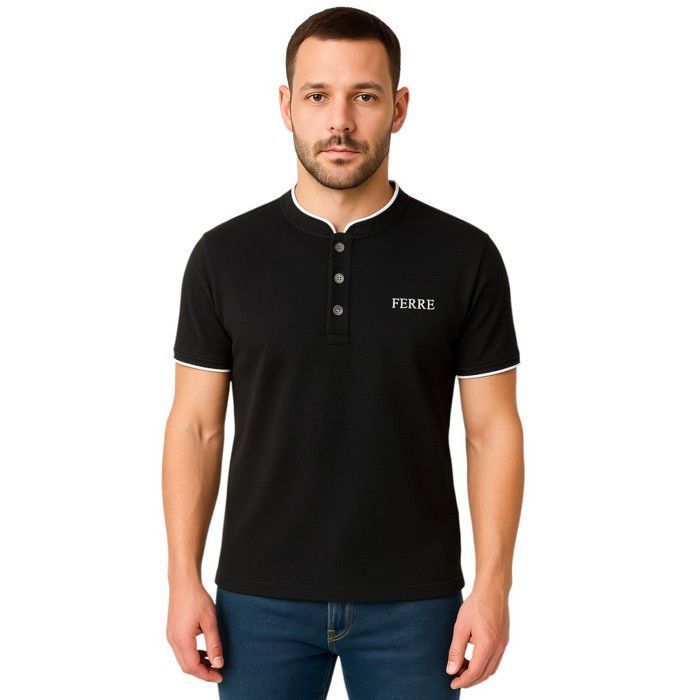 Polo de manga corta para hombre Ferre Giorgio con cuello mandarín, color negro.