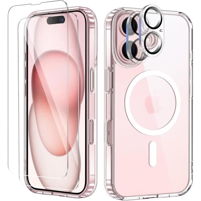 Capa para iPhone 16 com 2 protetores de tela de vidro temperado - 2x câmera magnética transparente compatível com MagSafe