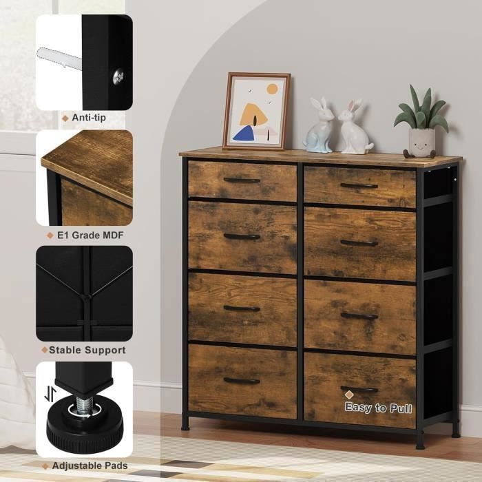 Commode WOLTU - Armoire en MDF - 8 Tiroirs en Tissu - Cadre métal - Marron Rustique W0ITT0094