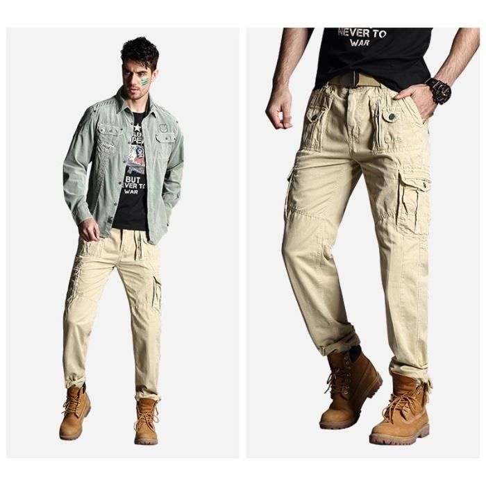 Men's Military Cargo Pants in Cotton, Straight Cut, Multi-Pocket Trousers, Solid Color - Khaki