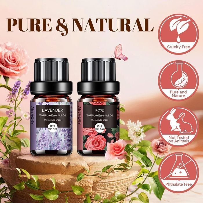 Kit com 6 óleos essenciais florais 100% naturais de 10ml cada - Aromaterapia relaxante para difusor - Flor de Cerejeira, Chá Branco, Jasmim e Lavanda