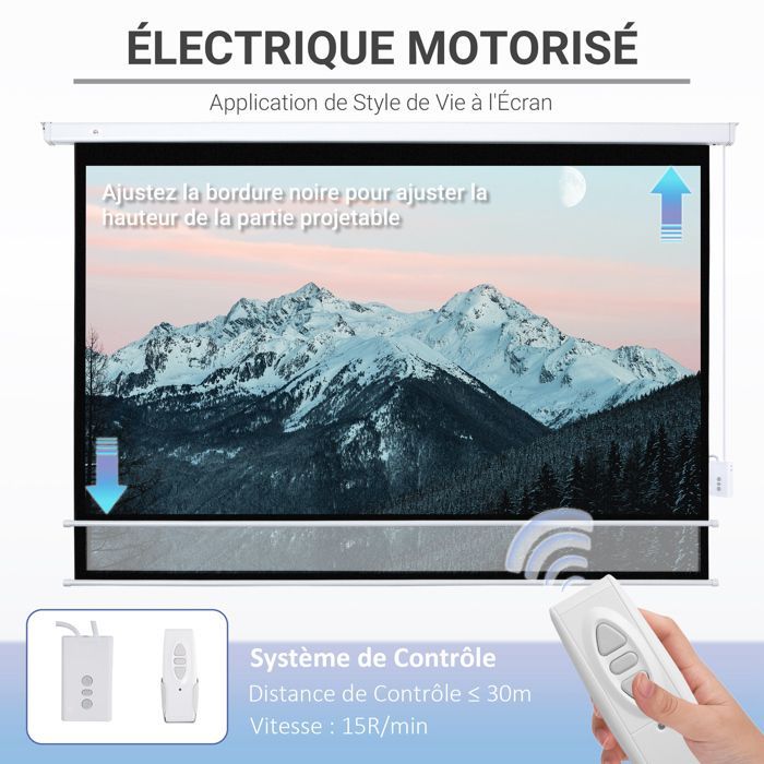 Pantalla de proyección HOMCOM de 100 pulgadas, formato 16:9, resolución 4K HD, motorizada, para montaje en pared/techo, de acero, color blanco.
