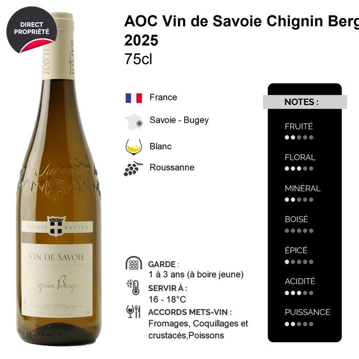 Philippe e Sylvain Ravier Vin de Savoie Chignin Bergeron 2025 - Vinho Branco de Savoie - Bugey (6x75cl)