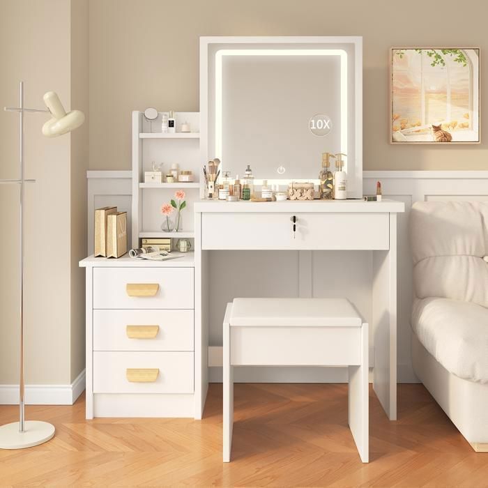 Schminktisch mit LED-Spiegel und Hocker – NHHF – 87 x 36 x 136 cm (B x T x H) – 3 Beleuchtungsmodi – mit 4 Schubladen und 7 Ablagen – Weiß