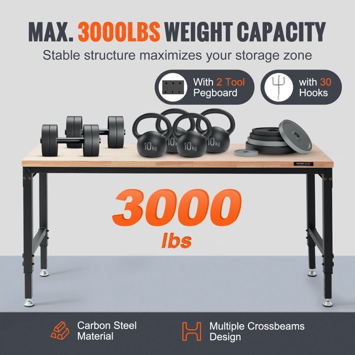 Mesa de trabajo ajustable VEVOR - 1830 x 635 mm - Mesa multiusos para el hogar/oficina - Capacidad de carga 1361 kg - Tomas de corriente