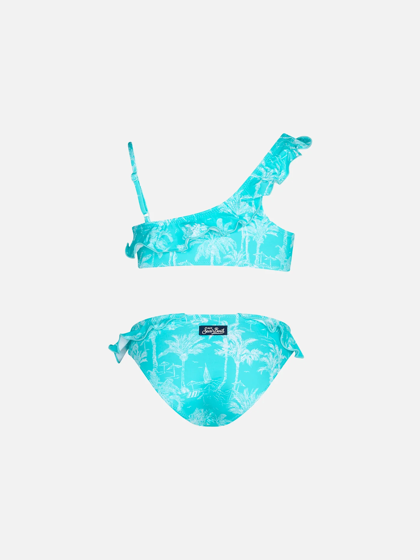 Bikini da bambina monospalla in toile de jouy con volant