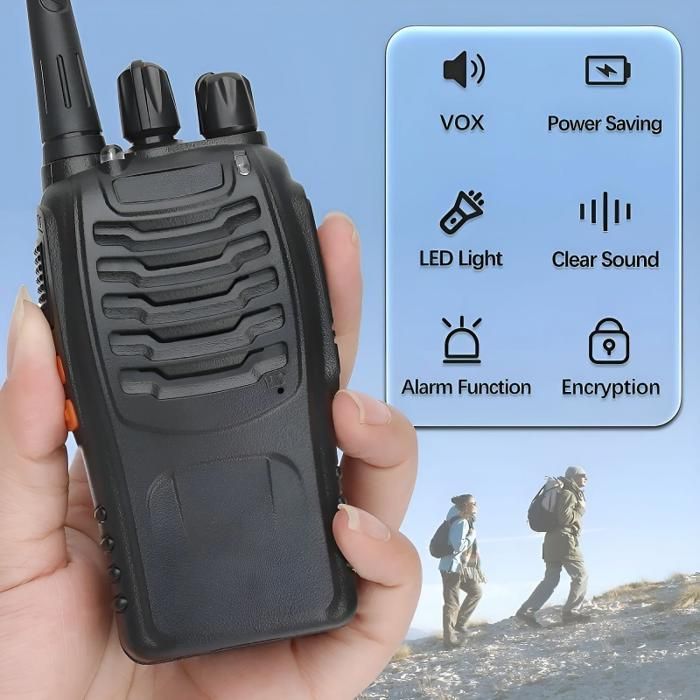 Walkie-talkies, 4 unidades, 16 canales, función de linterna, aptos para uso en exteriores, color negro.