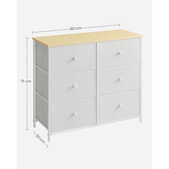 Cómoda SONGMICS, unidad de almacenamiento con 6 cajones de tela, cajonera con estructura metálica, tapa, blanco y roble.