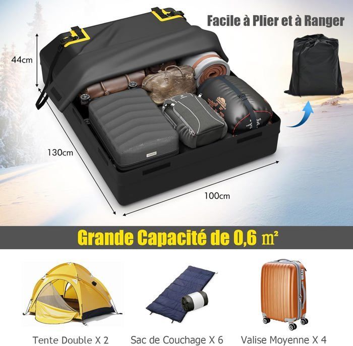 Cofre de techo impermeable para coche COSTWAY de 600 L - 14 correas, 6 ganchos para la puerta, sistema de cierre, alfombrilla antideslizante, bolsa de almacenamiento