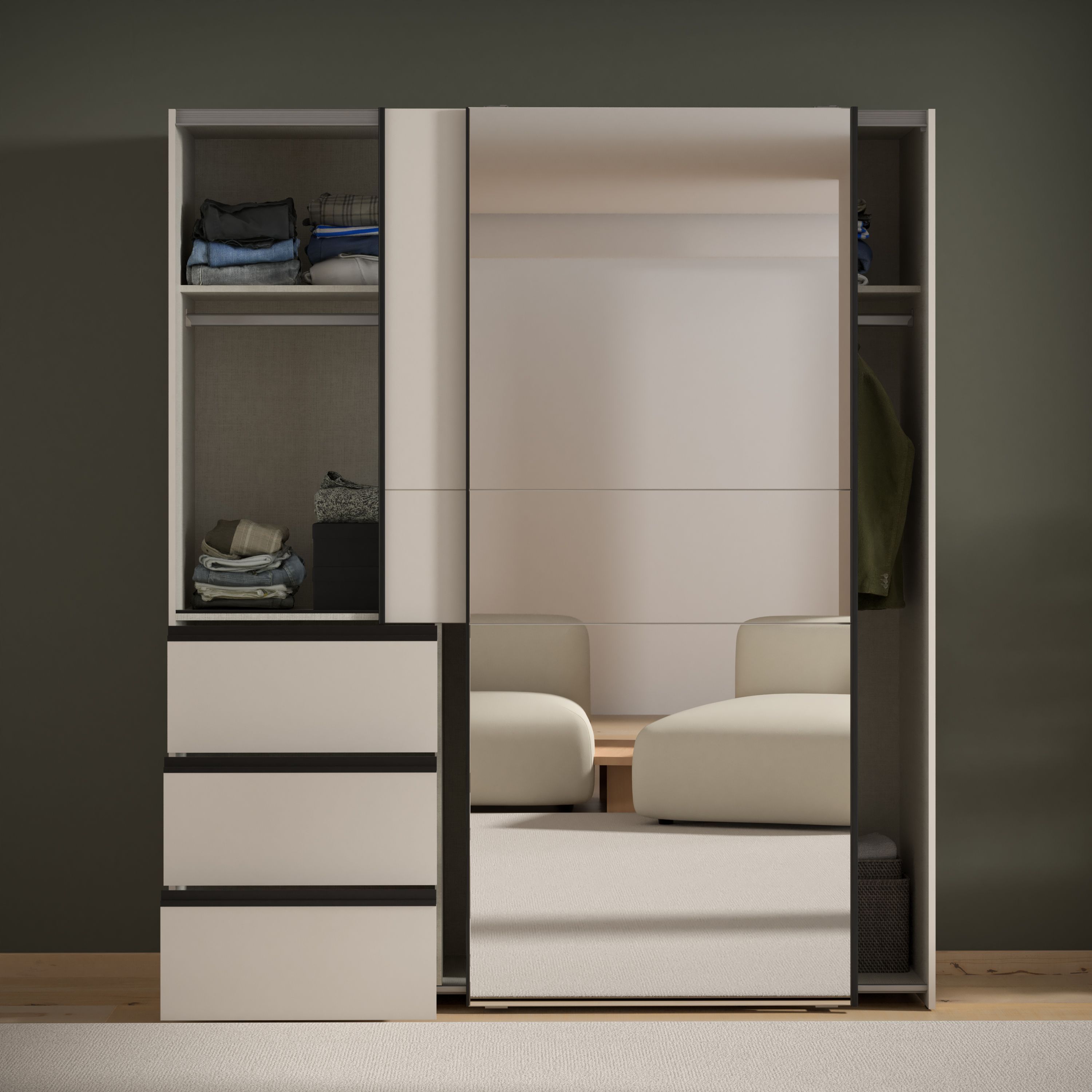 Armario - 2 puertas correderas, 3 cajones - Acabado arena y espejo - 170,3 x 61,2 x 200,5 cm (ancho x profundidad x alto) - WINN 2