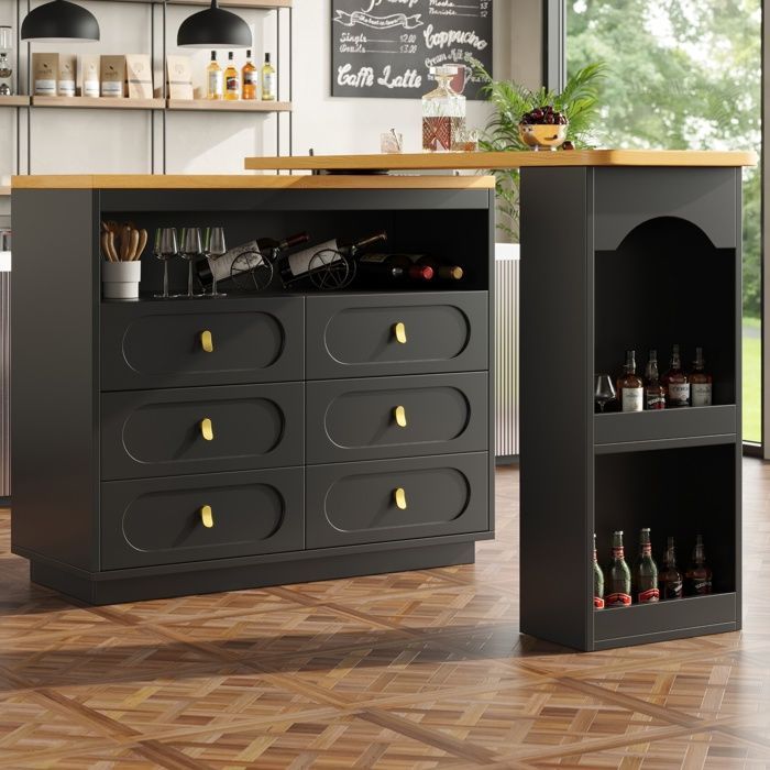 Buffet de Cuisine industriel Extensible,Armoire de Cuisine Pivotante à 360°,6 Tiroirs 137-203x39x90cm,Buffet Salon Rangement，Noir