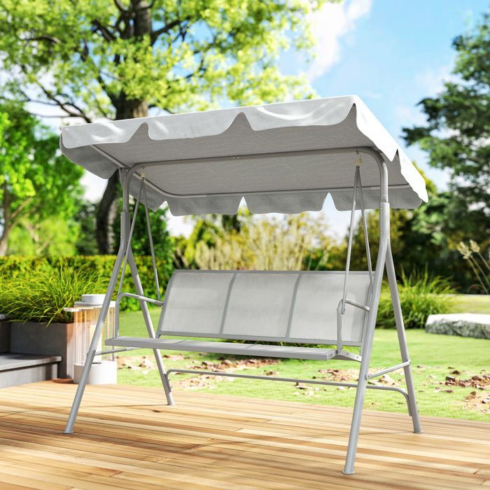 Columpio de jardín de 3 plazas - Outsunny - Toldo impermeable - Inclinación ajustable - Asiento y respaldo ergonómicos - Gris