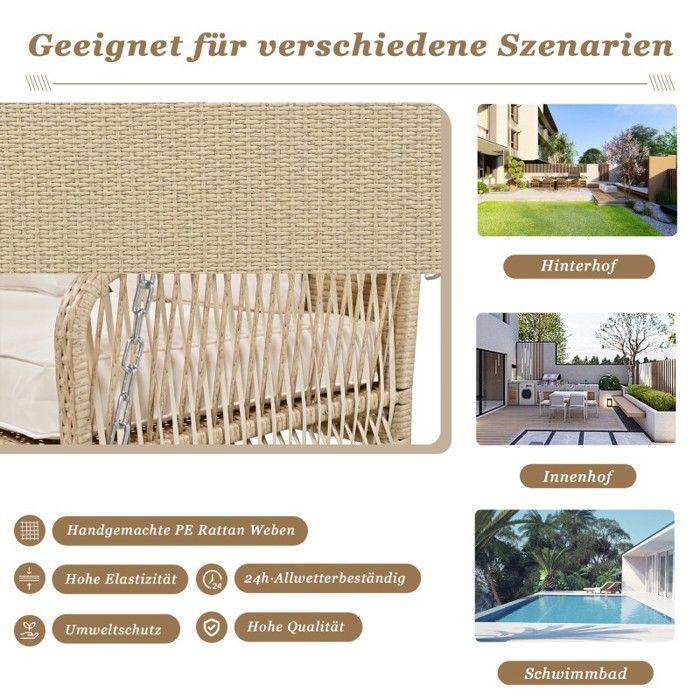 Columpio de jardín LANGTU de 2 plazas - Poliratán beige - Cojines de 11 cm - Cadenas resistentes