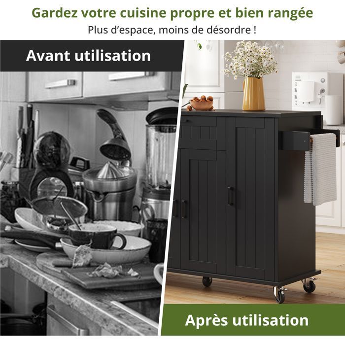Îlot de Cuisine avec Rangement Intégré,Plan de Travail Extensible,4 Portes 1 Tiroir, Roulettes avec Freins,120x45(70)x95cm,Noir