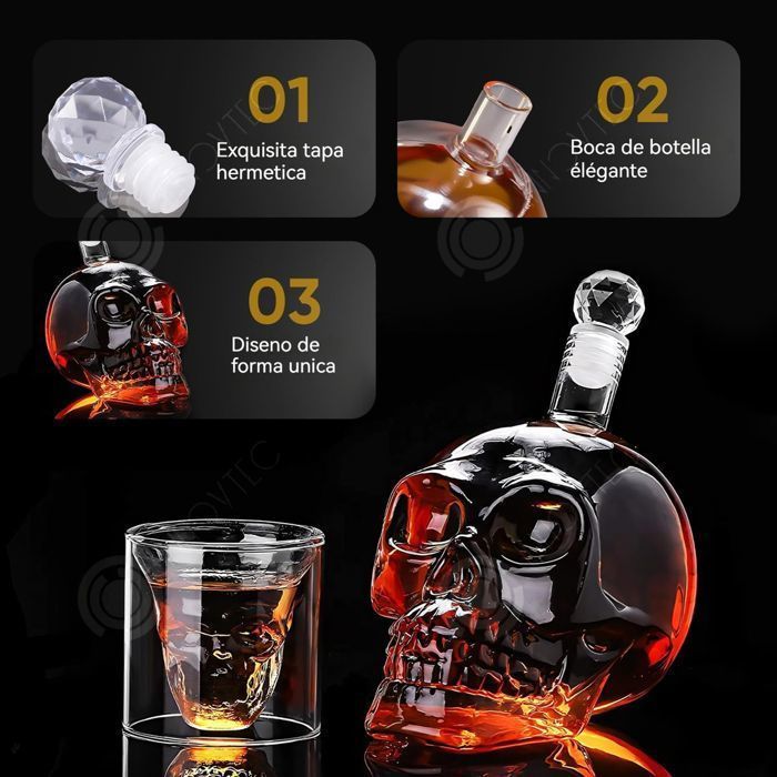 Decantador INN Skull de 700 ml y 6 vasos de whisky de 75 ml. Decantador de whisky y copa de vino para el Día de San Valentín y regalos para fiestas.