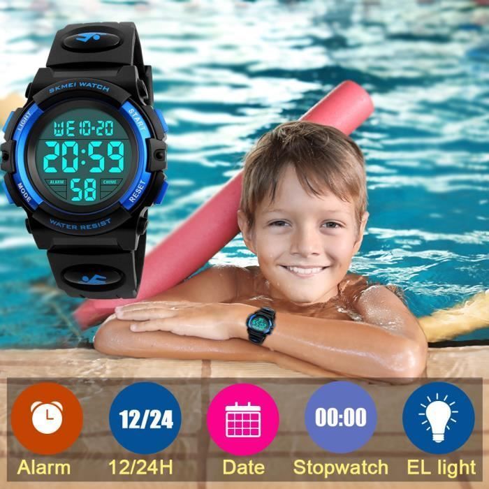 Correas de reloj azules, reloj infantil LED para niños, formato de 12/24 horas con alarma, reloj deportivo.