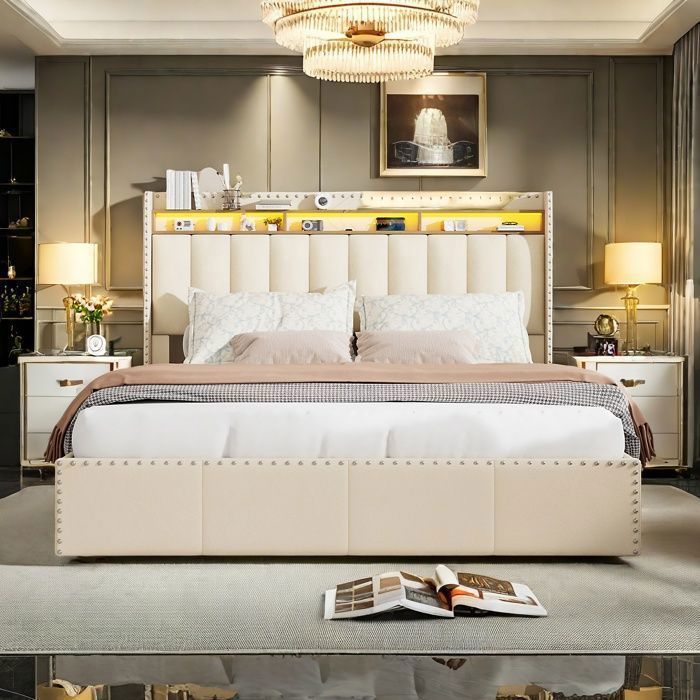 Cama doble con espacio de almacenamiento de 140x190 cm - TANANT - Beige - Iluminación LED integrada - Almacenamiento práctico - Cabecero decorativo