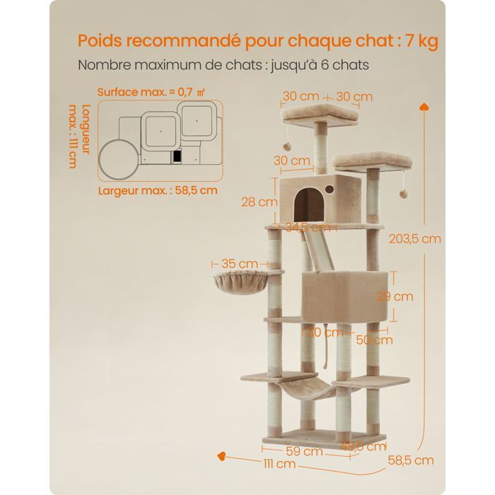 Arbre à Chat, Hauteur 206 cm, avec 13 Griffoirs, 2 Plate-forme, 2 Niches, Panier, Hamac, Pompon, Tissu Peluche, Marron Camel