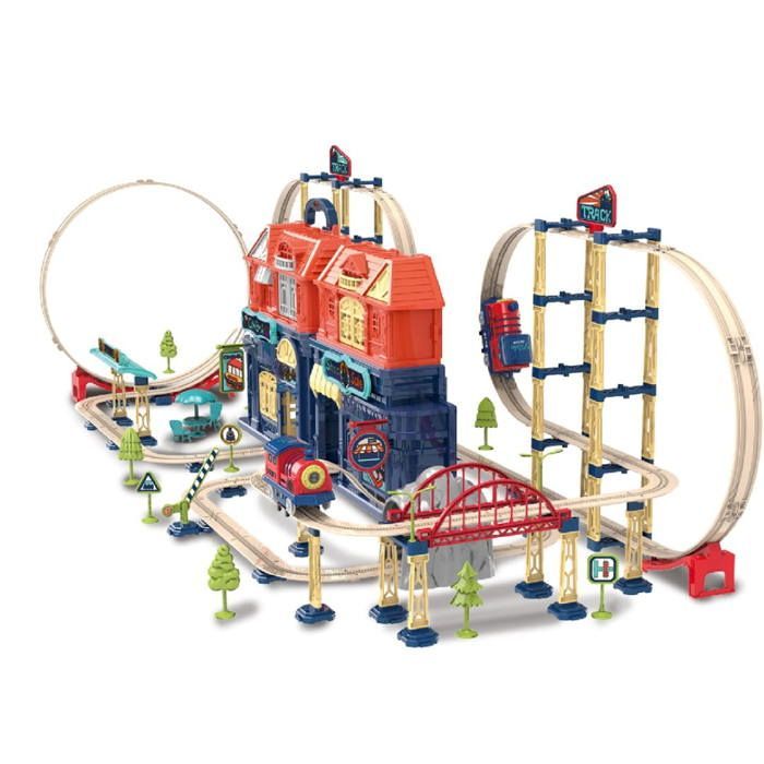 Elektrische treinset van Sun Baby voor kinderen vanaf 3 jaar - Loop, Viaduct, Brug, Slagboom, Station, Bioscoop, Winkels
