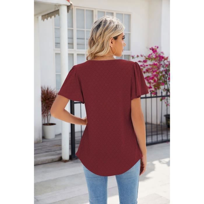 Camiseta de mujer - INSFITY - Verano - Manga corta - Cuello cuadrado - Burdeos