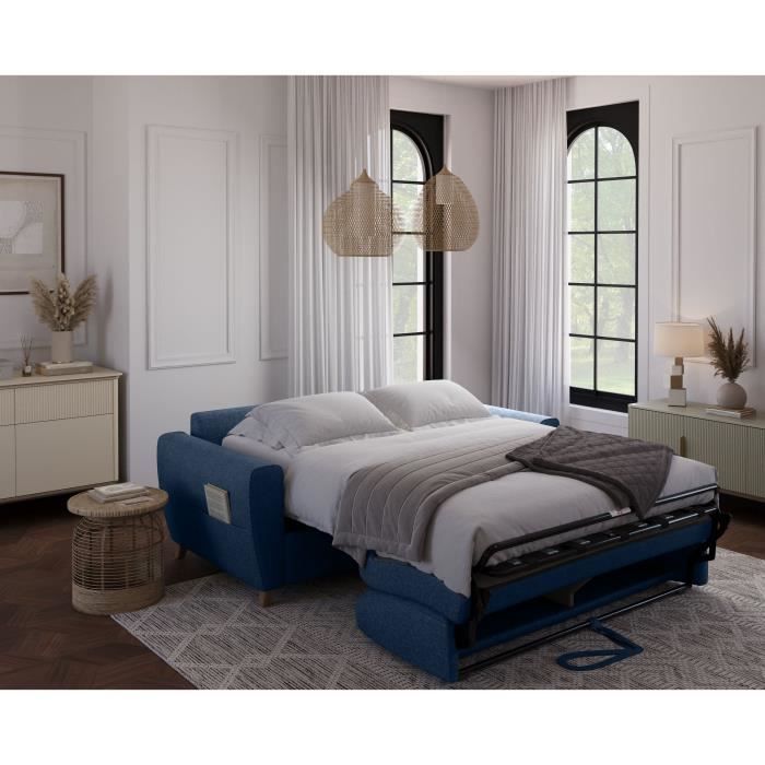 Sofá-cama conversível SKY de 3 lugares - Tecido azul - Colchão de 14 cm - 192 x 100 x 88 cm