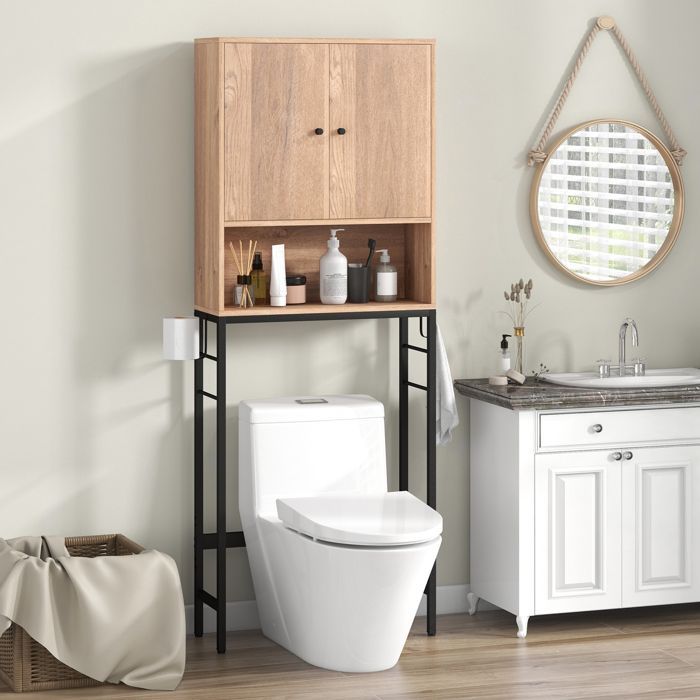 Armario para inodoro GOPLUS - Unidad de almacenamiento sobre el inodoro, compartimento abierto - Estante ajustable, para cuarto de lavado, color natural