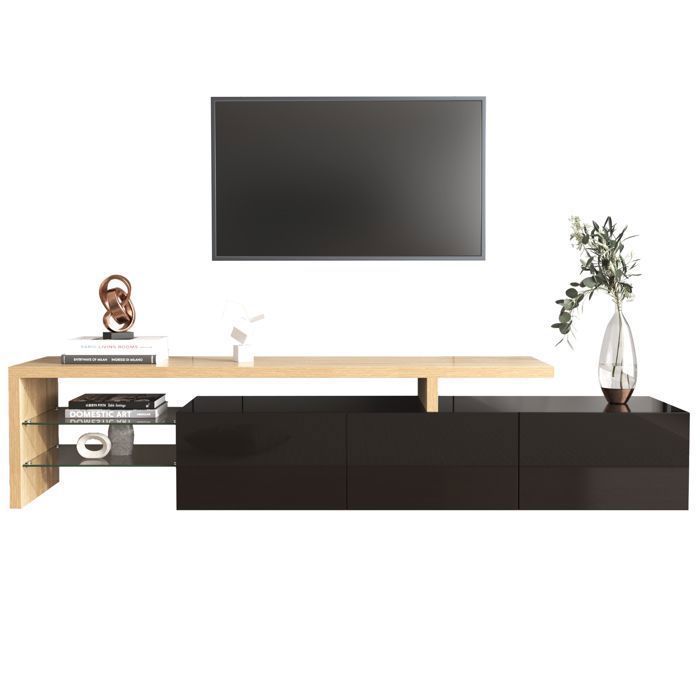 Elegante mueble para TV LED de madera negra con 3 puertas de alto brillo, estantes de cristal, soporte/aparador de diseño moderno para salón, 198x39x42cm