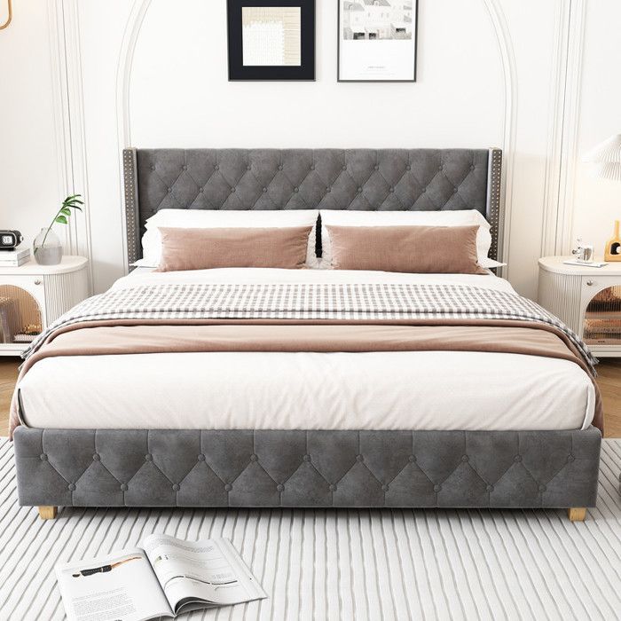 140x190 cm bed met lattenbodem en hoofdeinde, fluwelen tweepersoonsbed met houten poten, gestoffeerd tweepersoonsbed, grijs