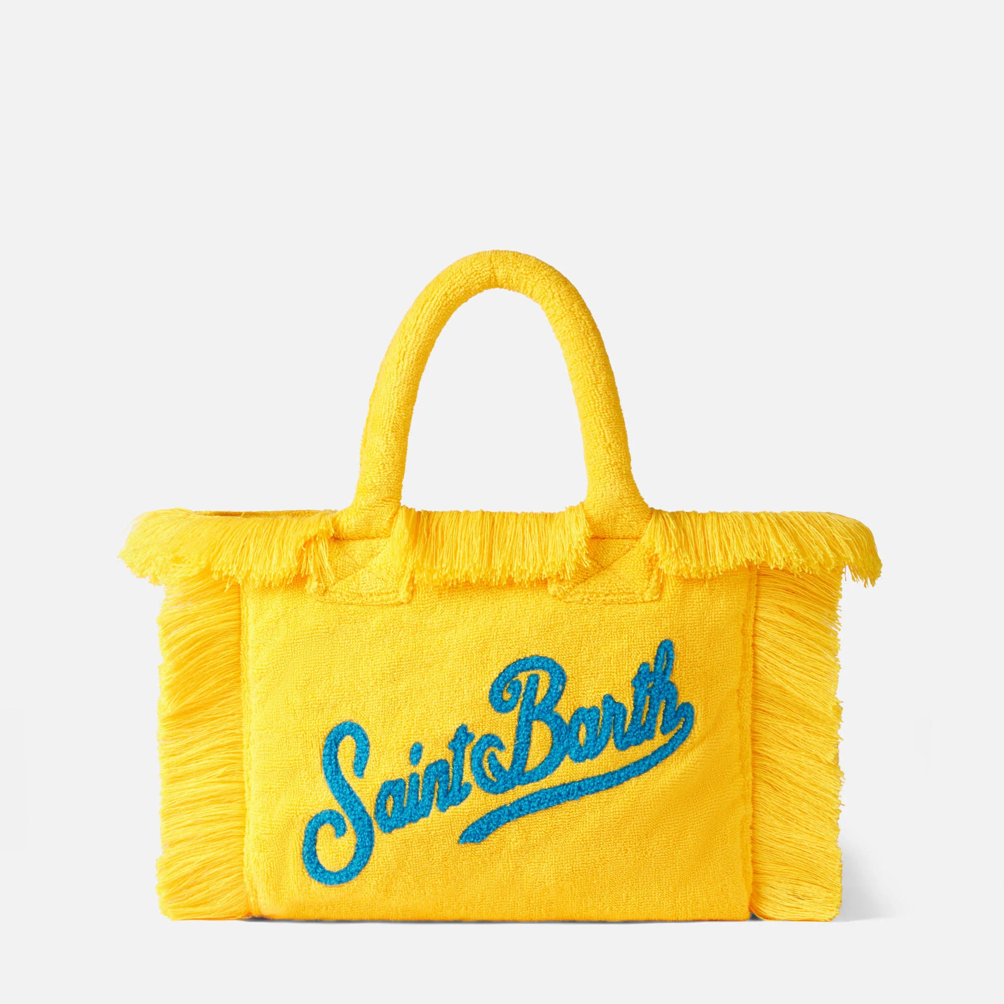 Sac à main Colette jaune en éponge à franges, logo Saint Barth bleu en relief, rabat zippé en métal et poche intérieure | MC2 Saint Barth