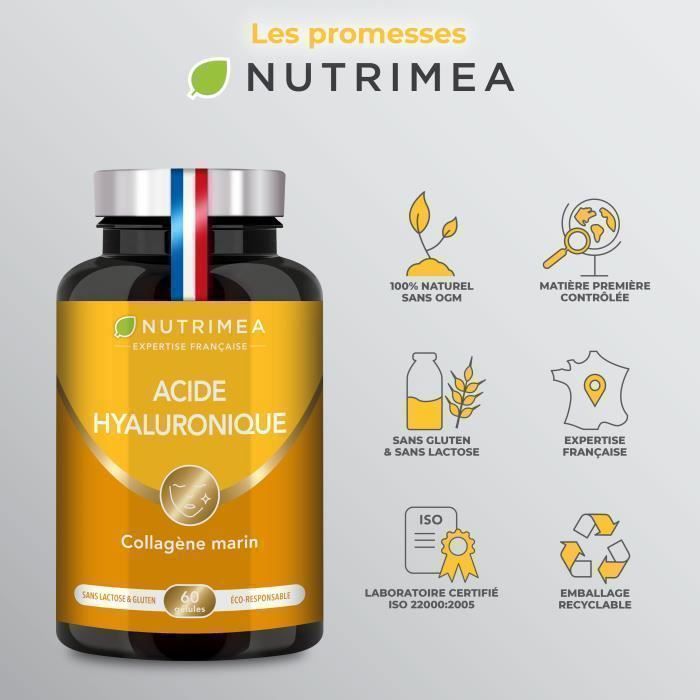 ACIDE HYALURONIQUE + COLLAGENE MARIN • Anti-Age • Beauté de la Peau et Soin des Articulations • 60 Gélules - NUTRIMEA