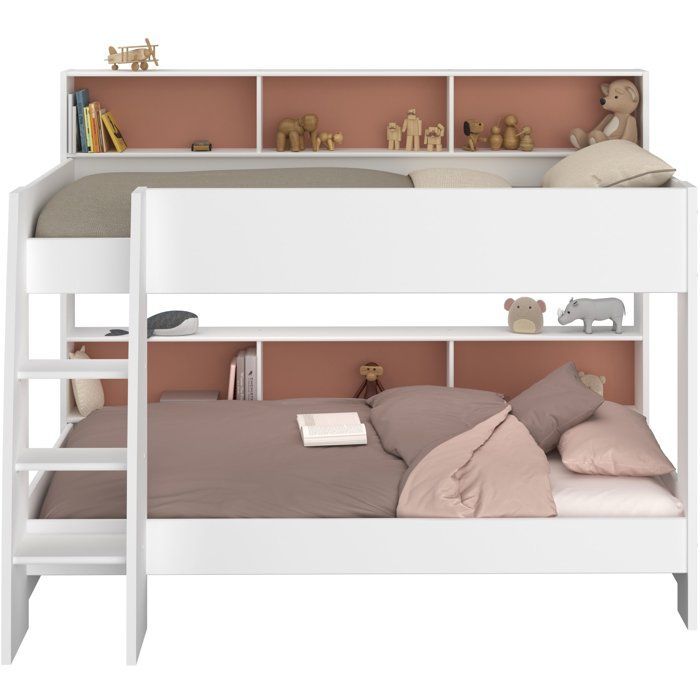 PARISOT Lits superposés enfant 2 x 90x200 cm - Décor Vert Céladon/Terracotta et Blanc Ombre - Sommiers inclus - JIM