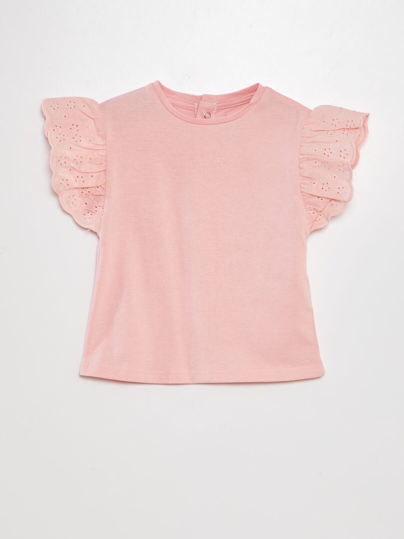 T-shirt met mouwen en Engelse borduursteken - ROZE