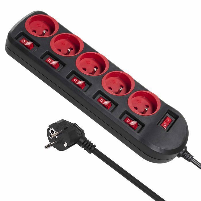 Regleta - Maclean Energy - 5 enchufes - Interruptor iluminado - 1,5 m - Negro/Rojo