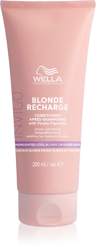 Condicionador roxo Wella Professionals Invigo Blonde Recharge que neutraliza os tons amarelados.