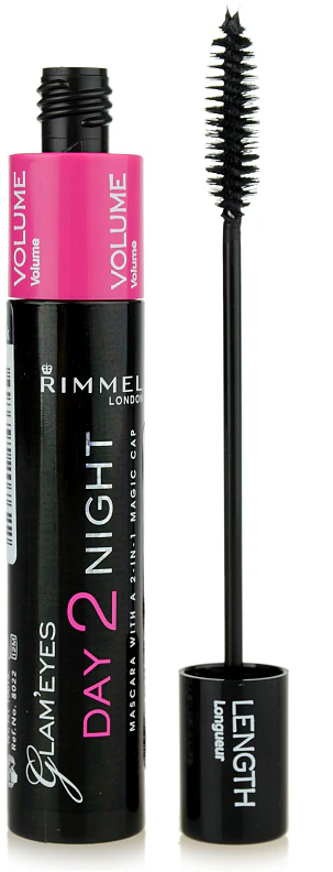 Máscara para cílios Rimmel Glam' Eyes Dia 2 Noite 2 em 1 que alonga e dá volume aos cílios.