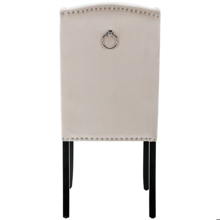 6er-Set Samt-Esszimmerstühle, gepolsterte Stühle mit Eichenbeinen, Ziernägel, Beige
