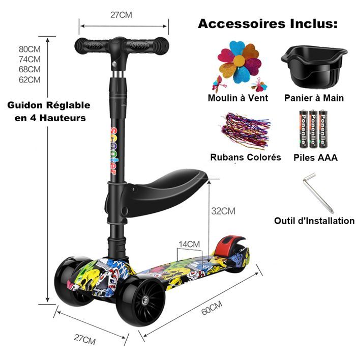 Trottinette Enfants avec Lumières et Musique Siège Amovible & Pliable Roues Larges Hauteur Réglable Capacité Max 100 kg,