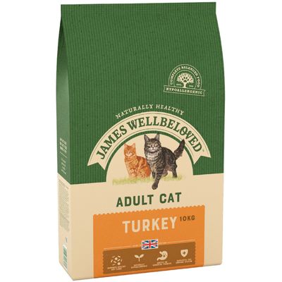 10 kg di cibo secco per gatti James Wellbeloved + cibo umido al tacchino - Sconto del 15%!*